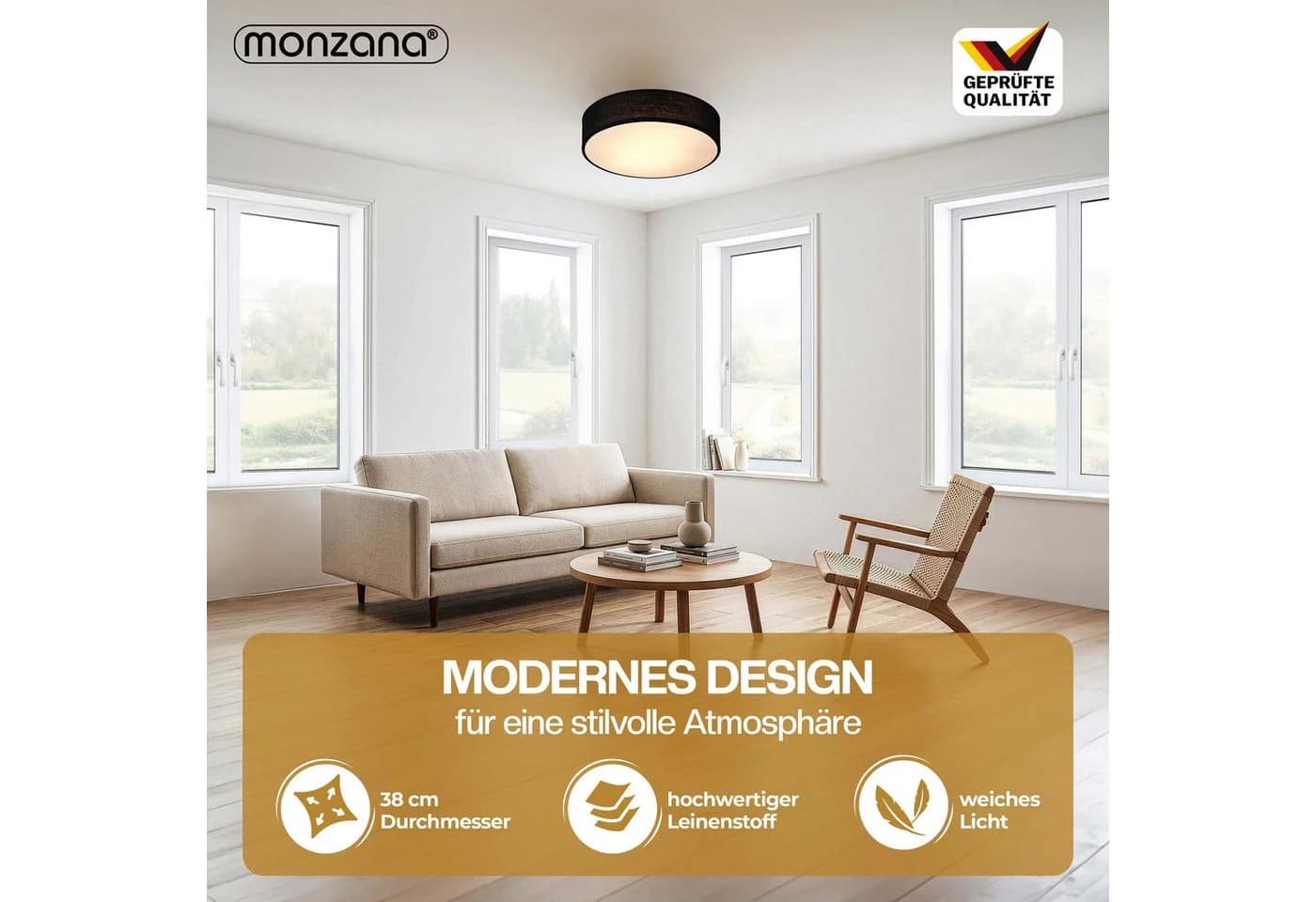 monzana Stoffdeckenleuchte Schwarz 38 cm 2-flammig Modern