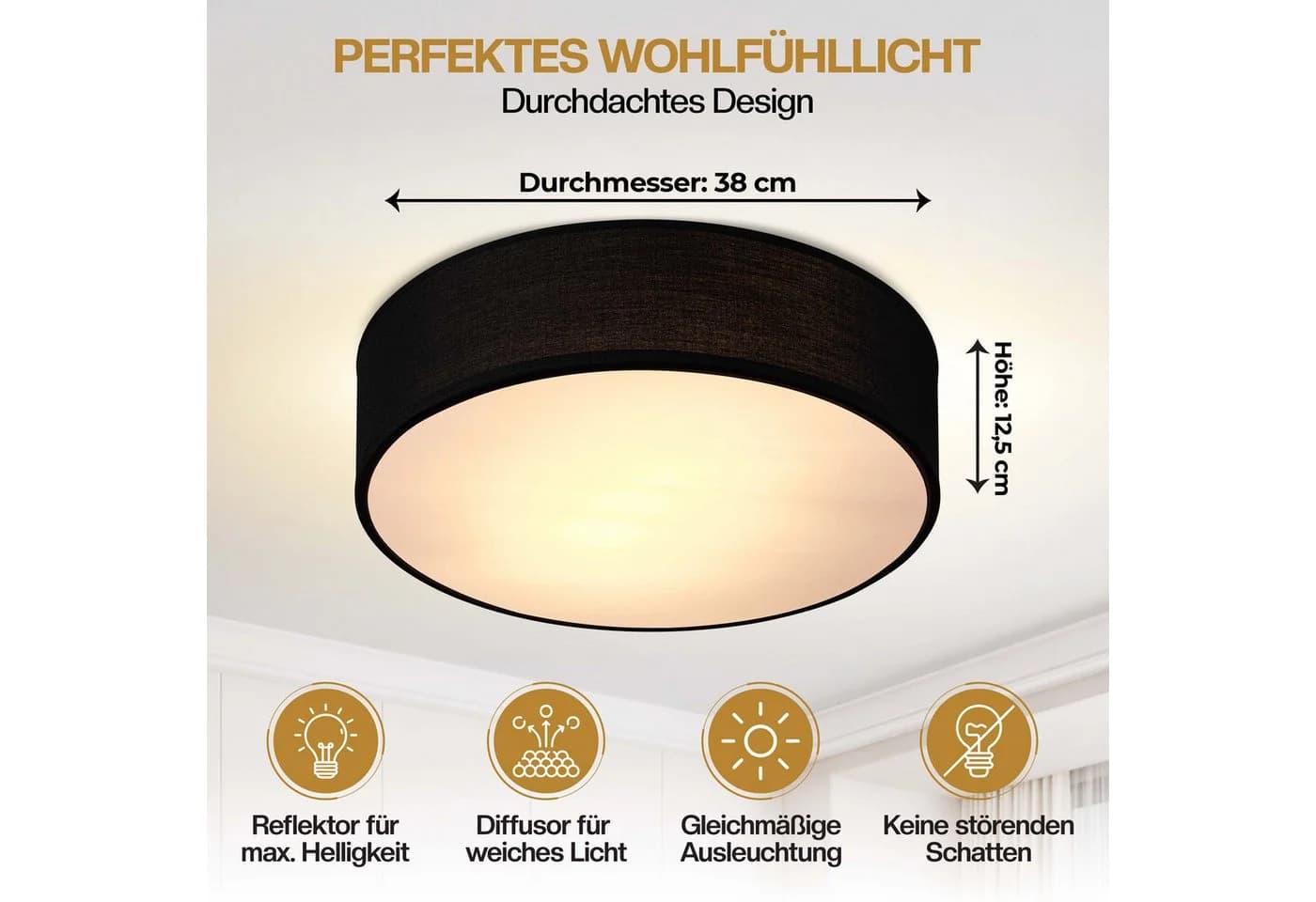 monzana Stoffdeckenleuchte Schwarz 38 cm 2-flammig Modern - Bild 4