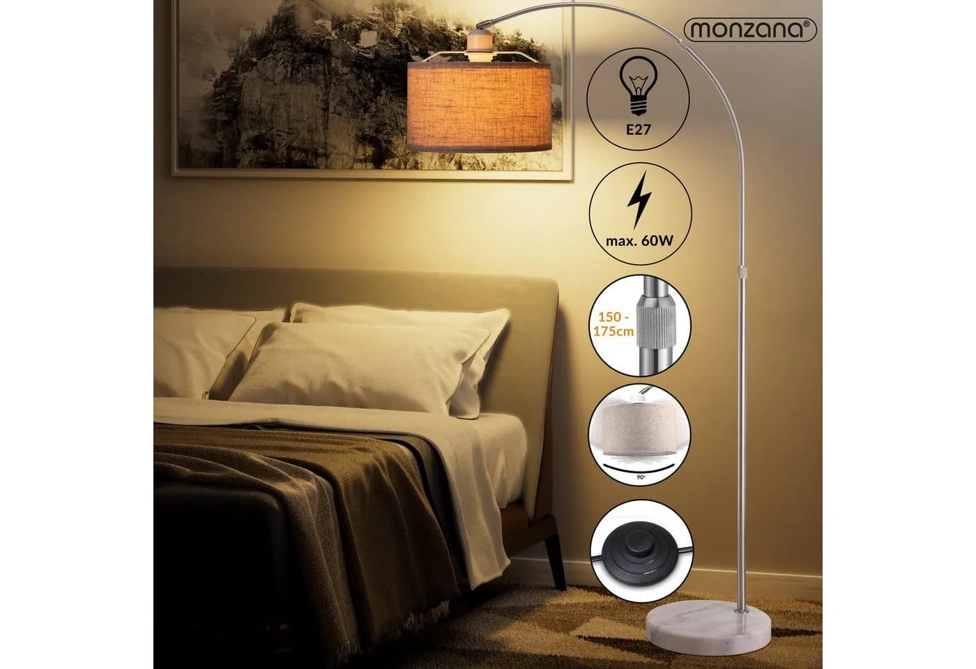 Monzana Bogenstehlampe mit Marmorfuß und verstellbarem Schirm
