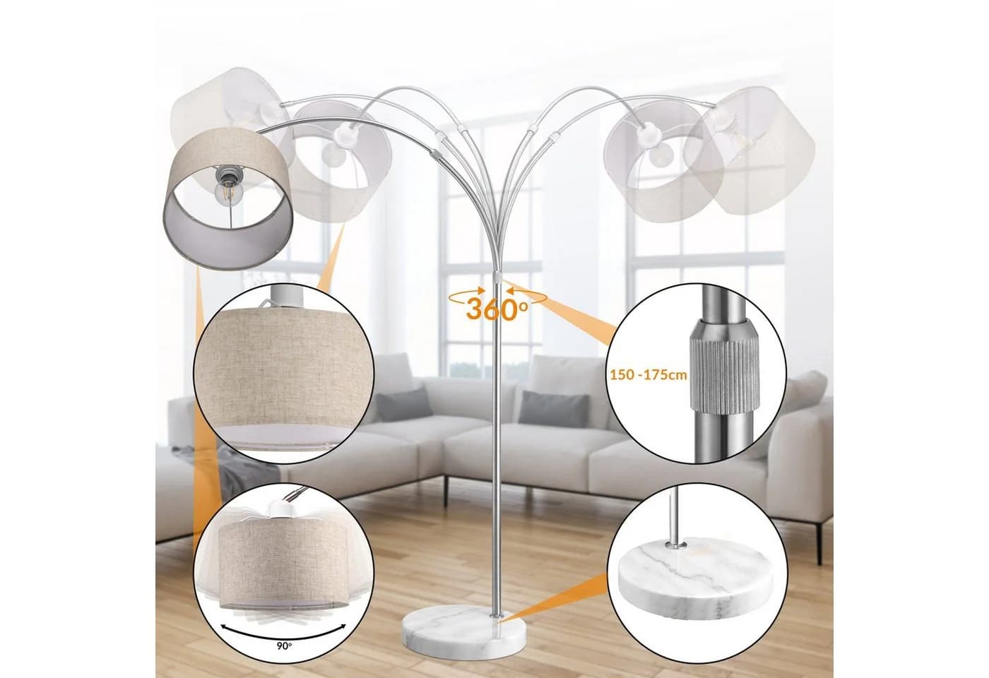 Monzana Bogenstehlampe mit Marmorfuß und verstellbarem Schirm - Bild 3