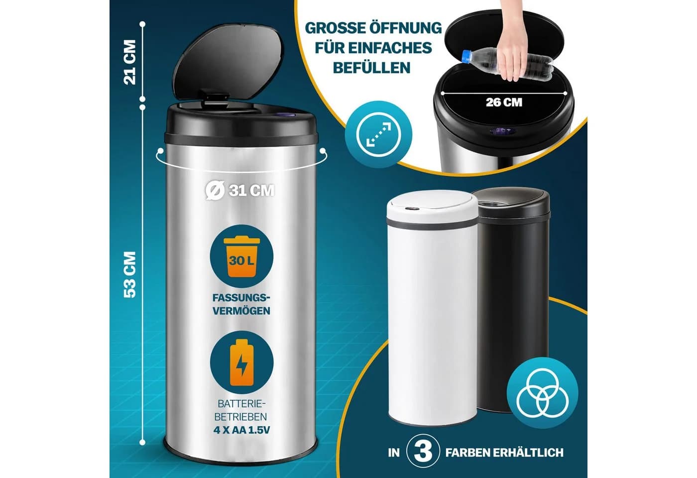 monzana Sensor Mülleimer 30L Edelstahl Automatisch Berührungslos