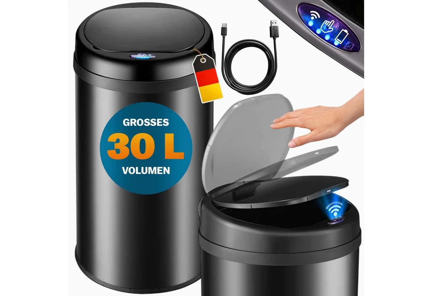 monzana Sensor Mülleimer Schwarz Edelstahl 30L Automatik - Bild 2