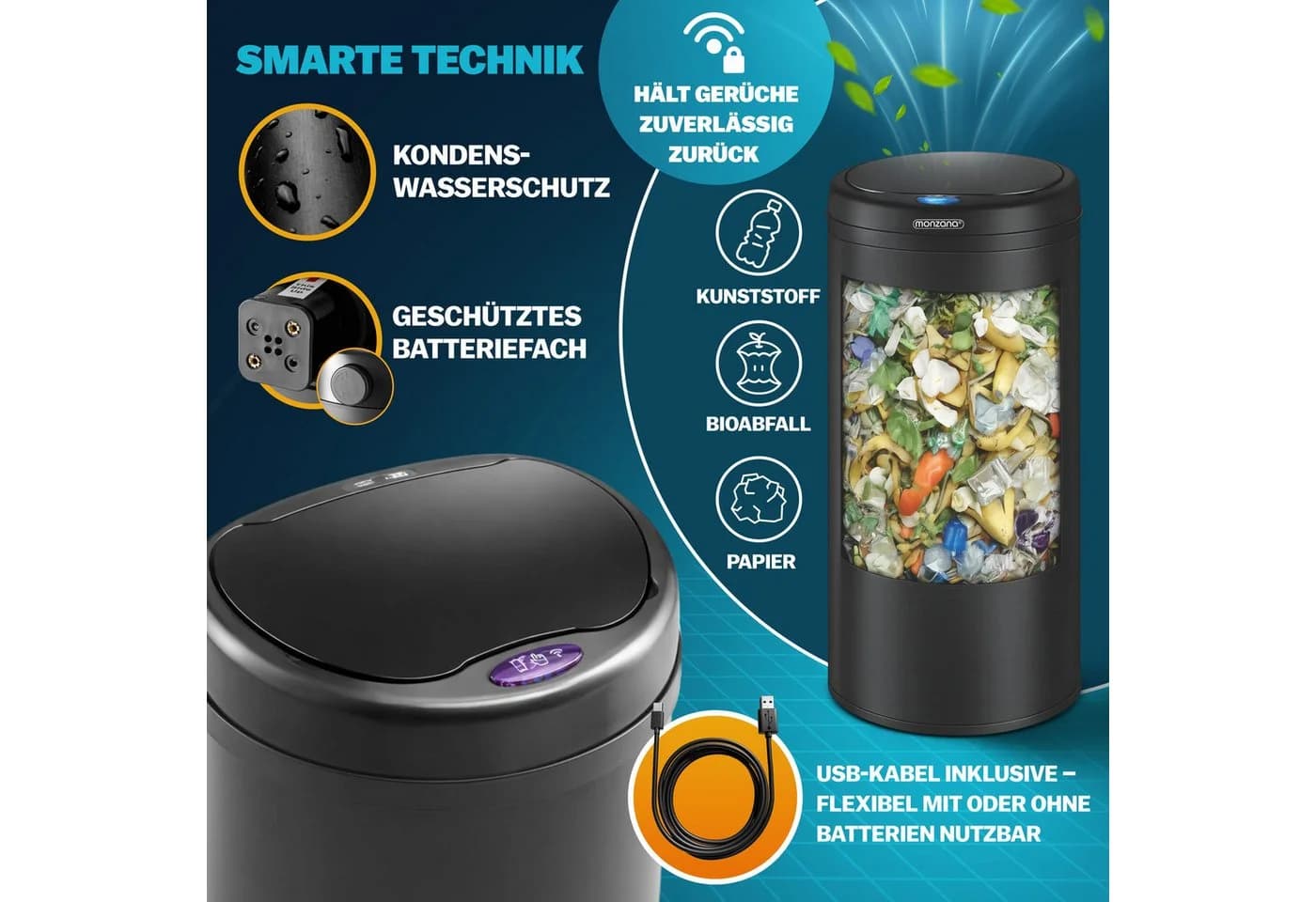 monzana Sensor Mülleimer Schwarz Edelstahl 30L Automatik - Bild 3