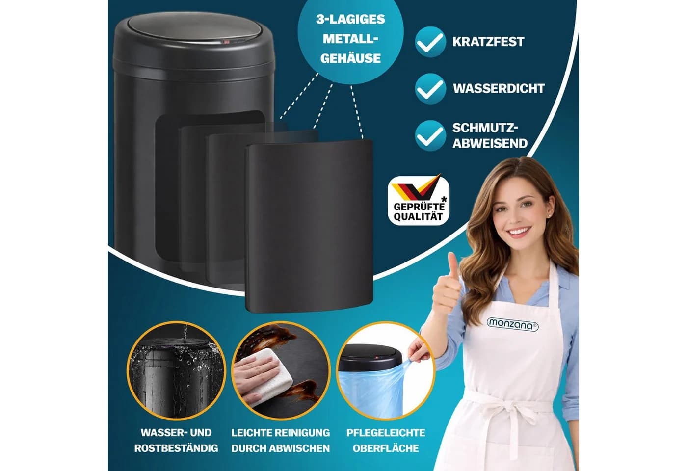 monzana Sensor Mülleimer Schwarz Edelstahl 30L Automatik - Bild 5