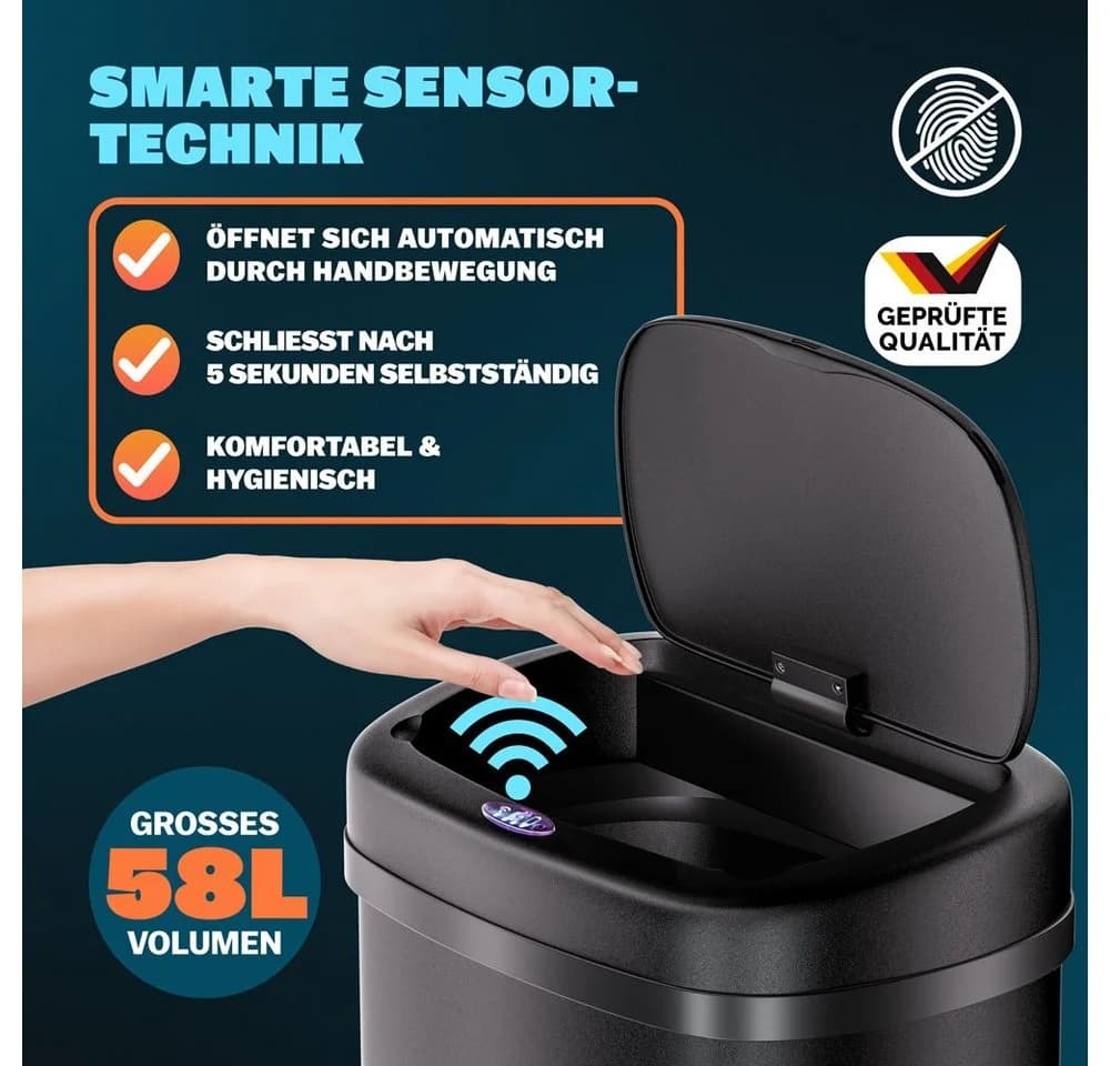 monzana Sensor Mülleimer 58L Edelstahl Schwarz Automatisch - Bild 3