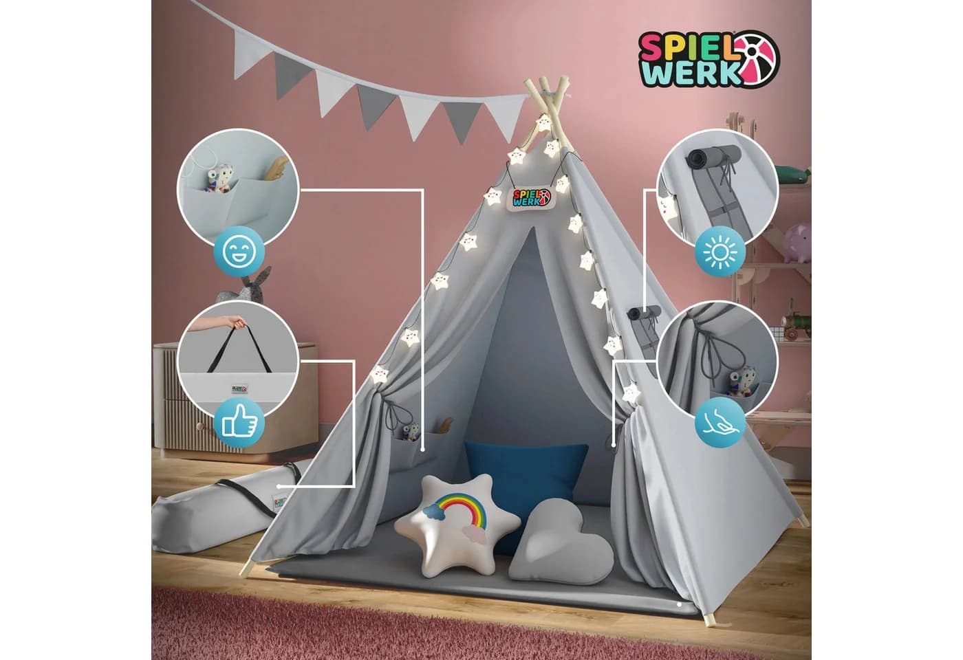 Spielwerk Kindertipi mit Lichterkette und Kissen - Bild 4