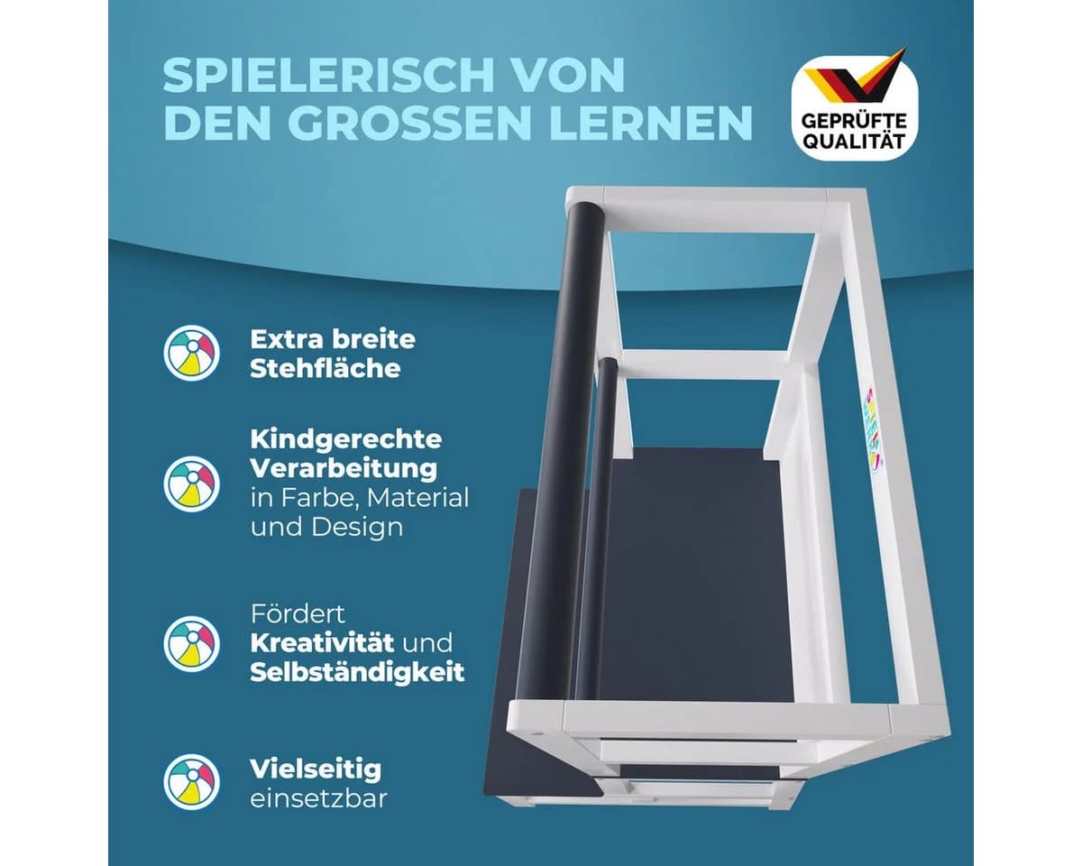 Spielwerk Lernturm mit Tafel - 2-in-1 Stehhilfe aus Kiefernholz Grau/Weiß - Bild 3