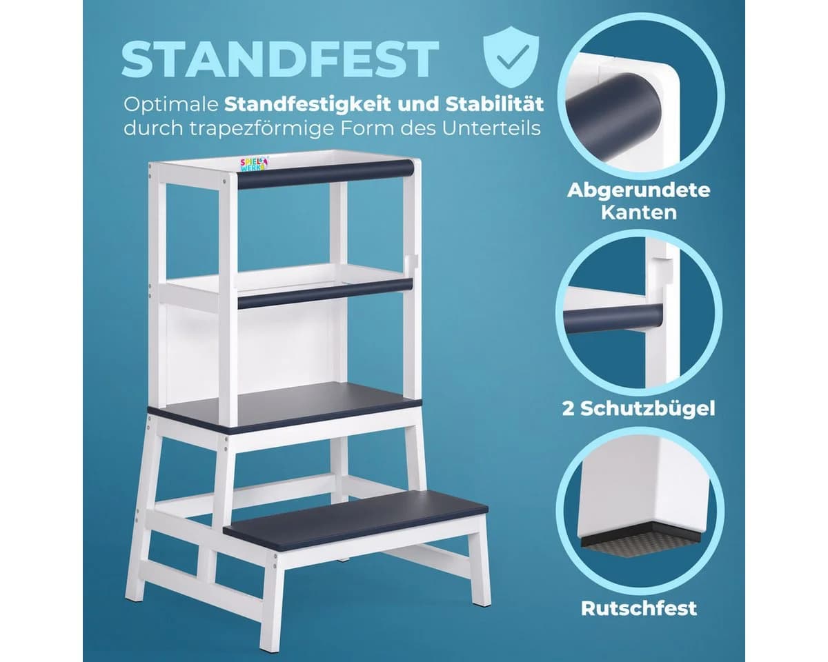 Spielwerk Lernturm mit Tafel - 2-in-1 Stehhilfe aus Kiefernholz Grau/Weiß - Bild 4