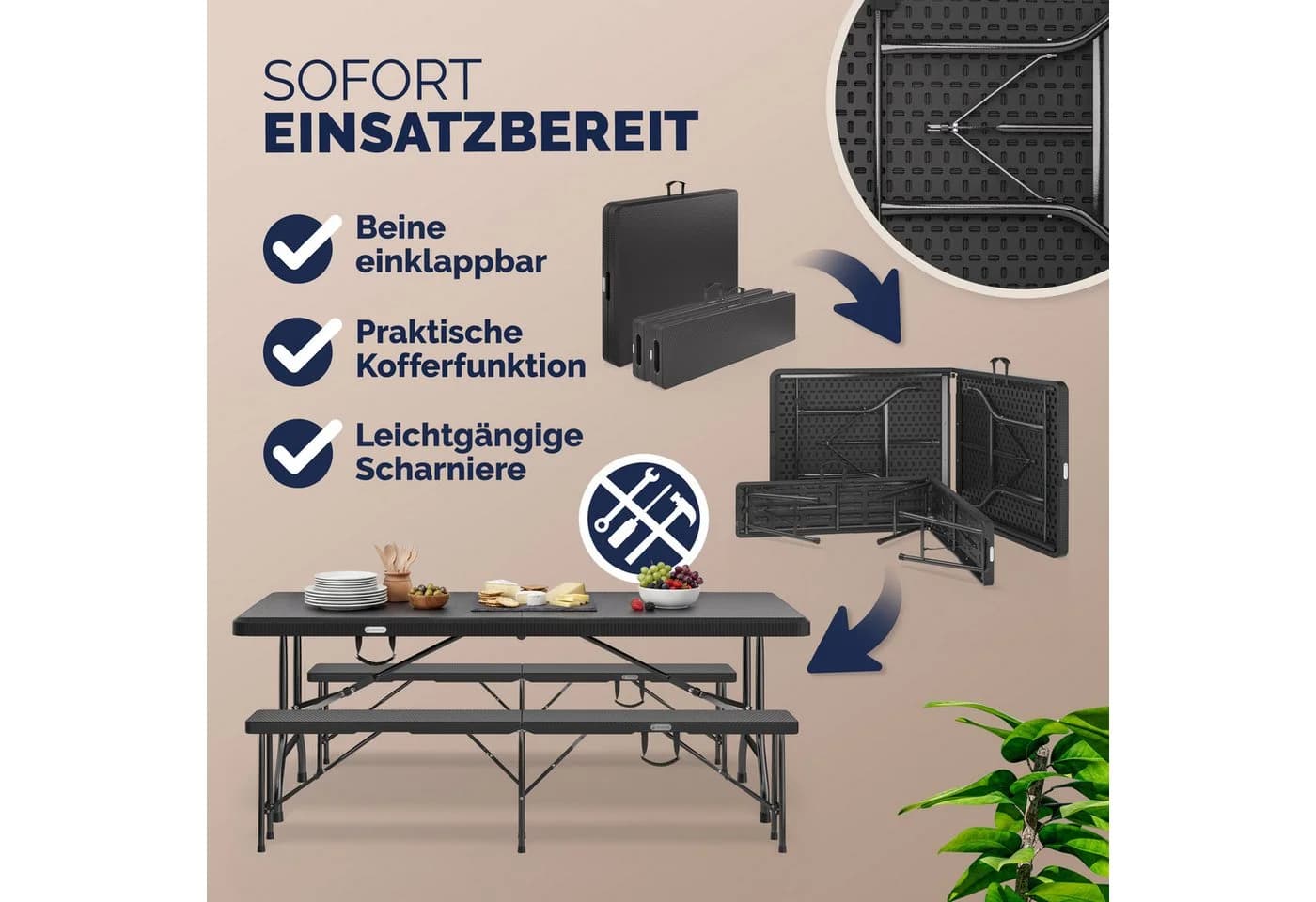 Casaria Bierzeltgarnitur Malmö 3-tlg. Klappbar Rattan Optik Kunststoff 2x Bierbank 1x Breiter Tisch - Bild 4