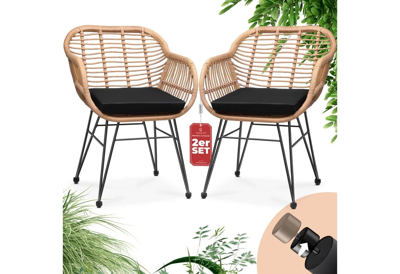 Casaria Gartenstuhl Bali (2 St) Polyrattan 5cm Auflage 59x56x83cm Armlehnen Metall Wetterfest - Bild 2