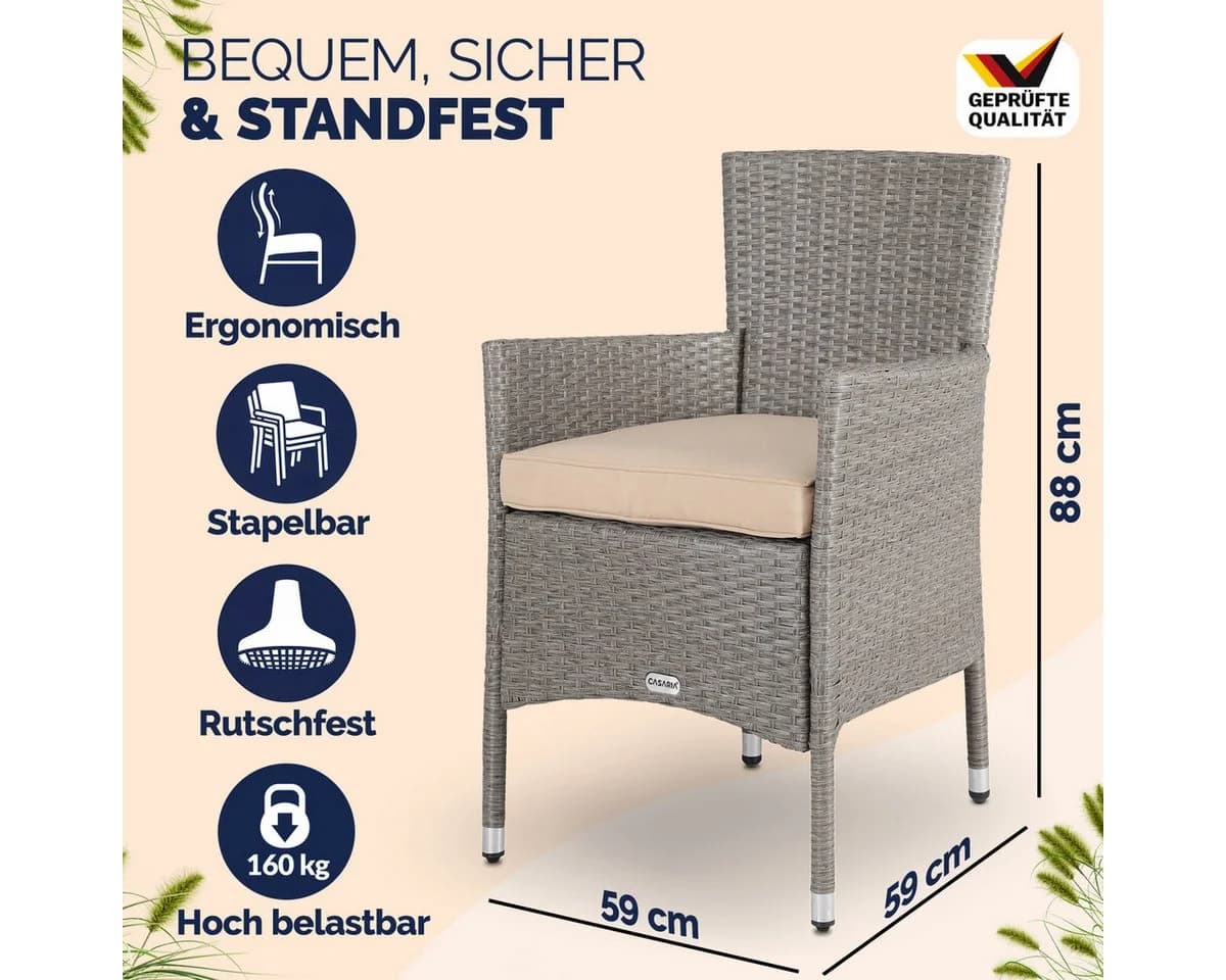 Casaria Gartenstuhl 2er Set Polyrattan Stapelbar mit Auflagen