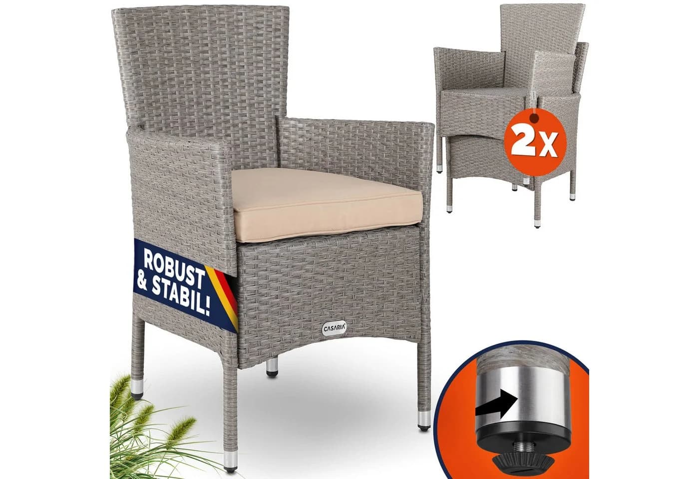 Casaria Gartenstuhl 2er Set Polyrattan Stapelbar mit Auflagen - Bild 2
