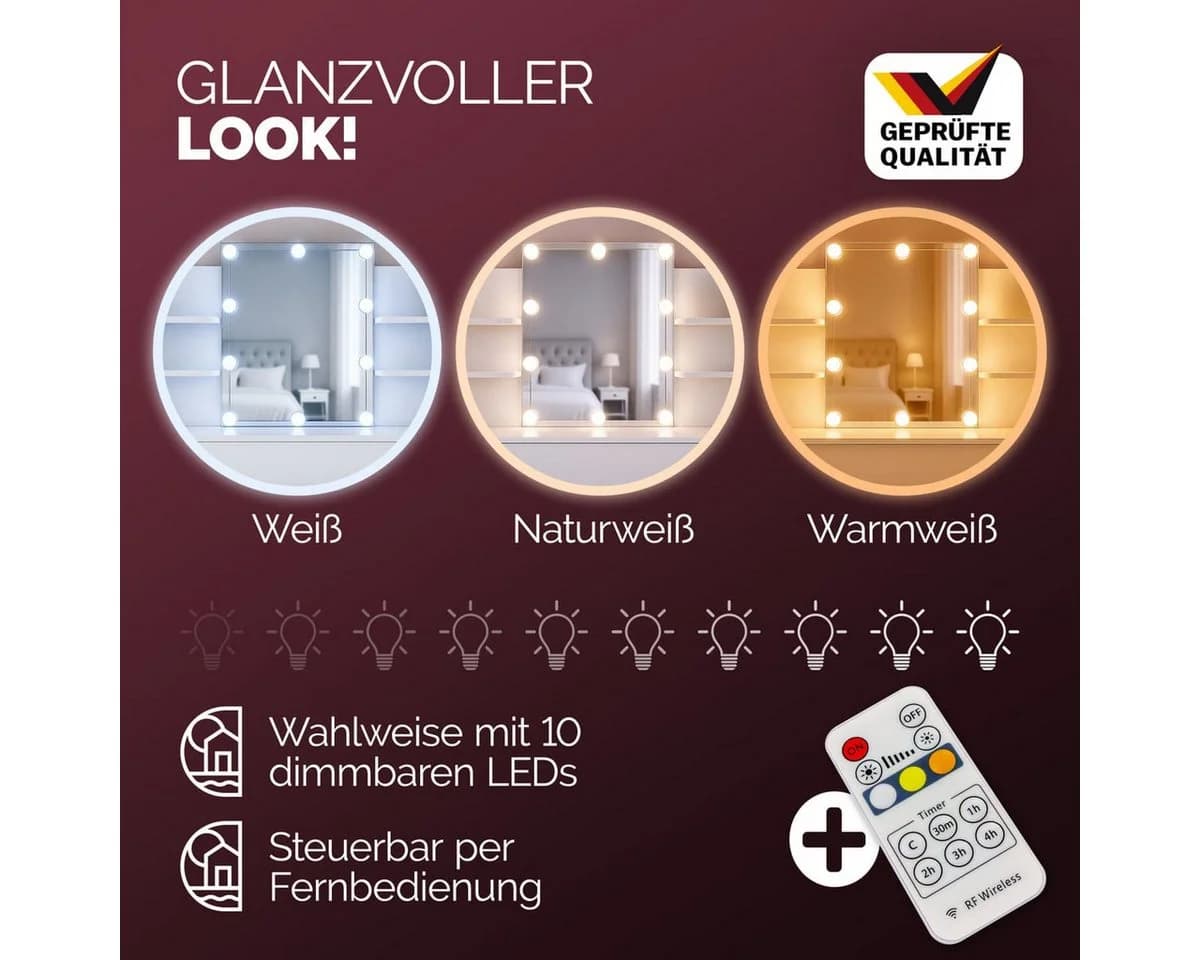 Casaria Schminktisch Lucia Weiß mit LED Beleuchtung - Bild 3