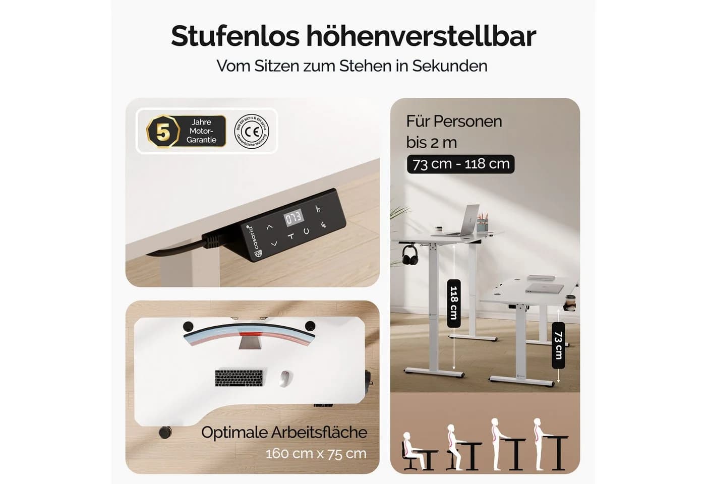 Casaria Schreibtisch Höhenverstellbar Weiß mit LCD-Display