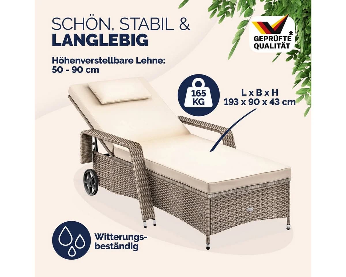 Casaria Gartenliege Polyrattan 5-fach verstellbar mit Rollen