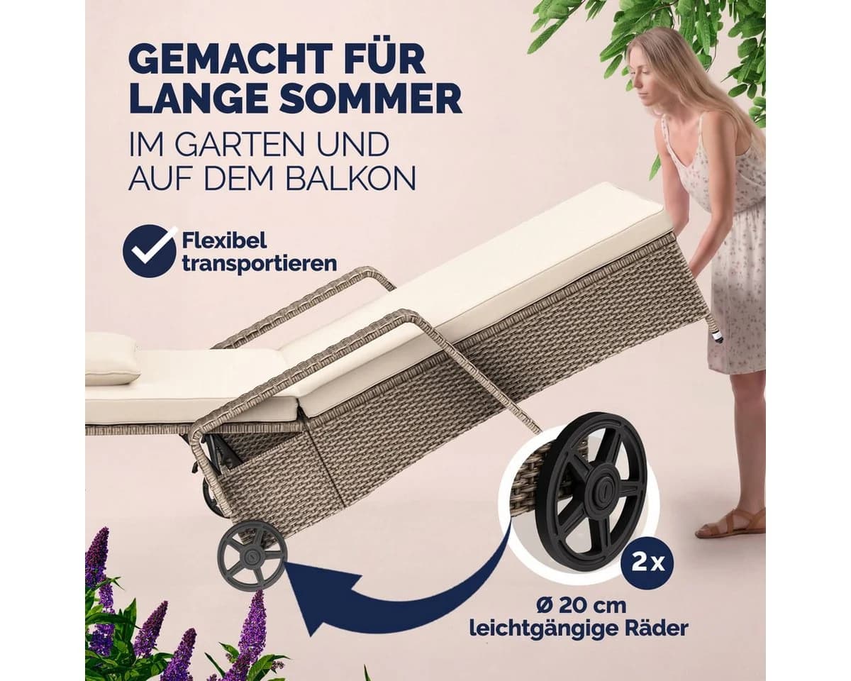 Casaria Gartenliege Polyrattan 5-fach verstellbar mit Rollen - Bild 4