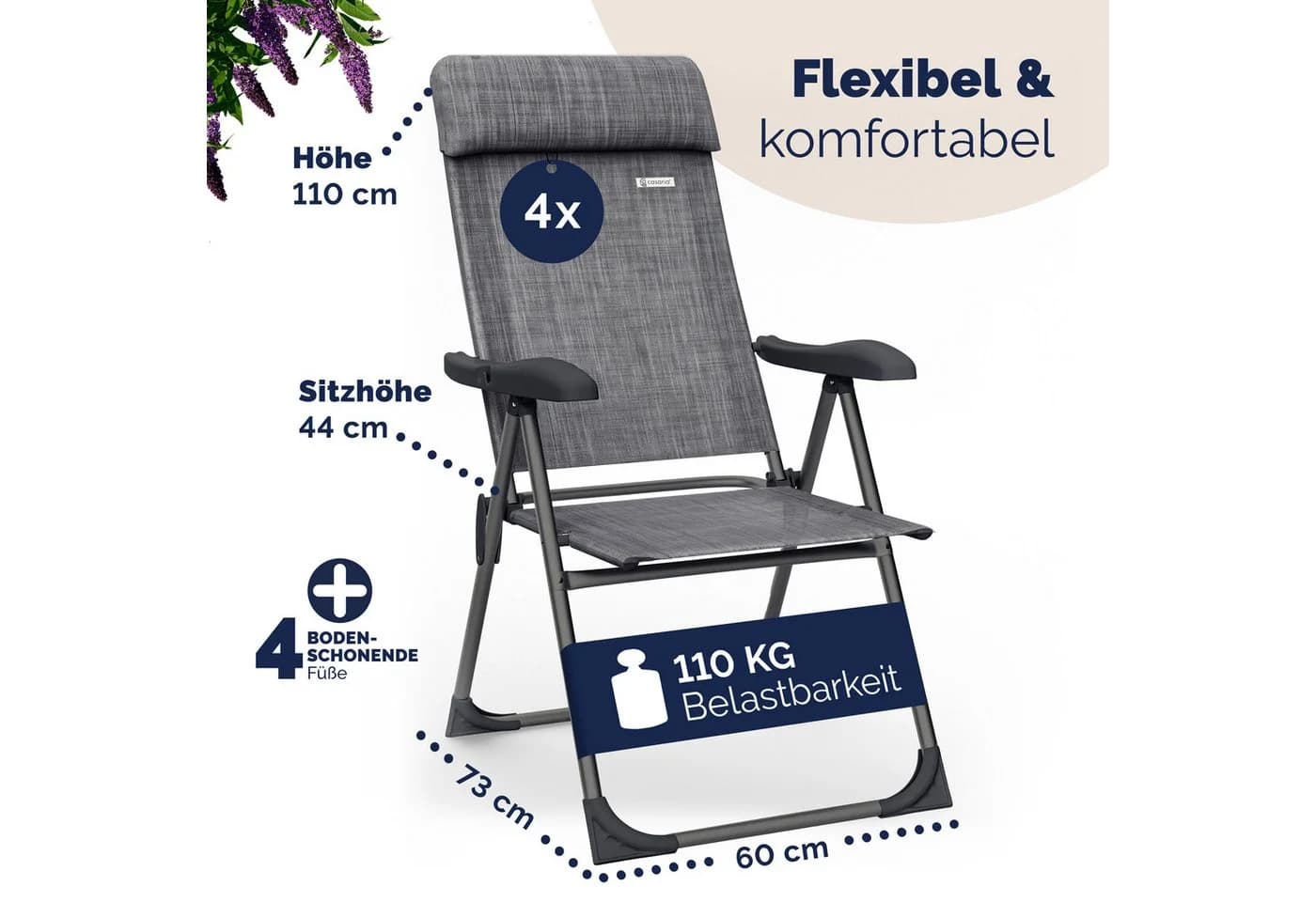 Casaria Gartenstuhl 4er Set Klappbar 7-fach Verstellbar Grau - Bild 3