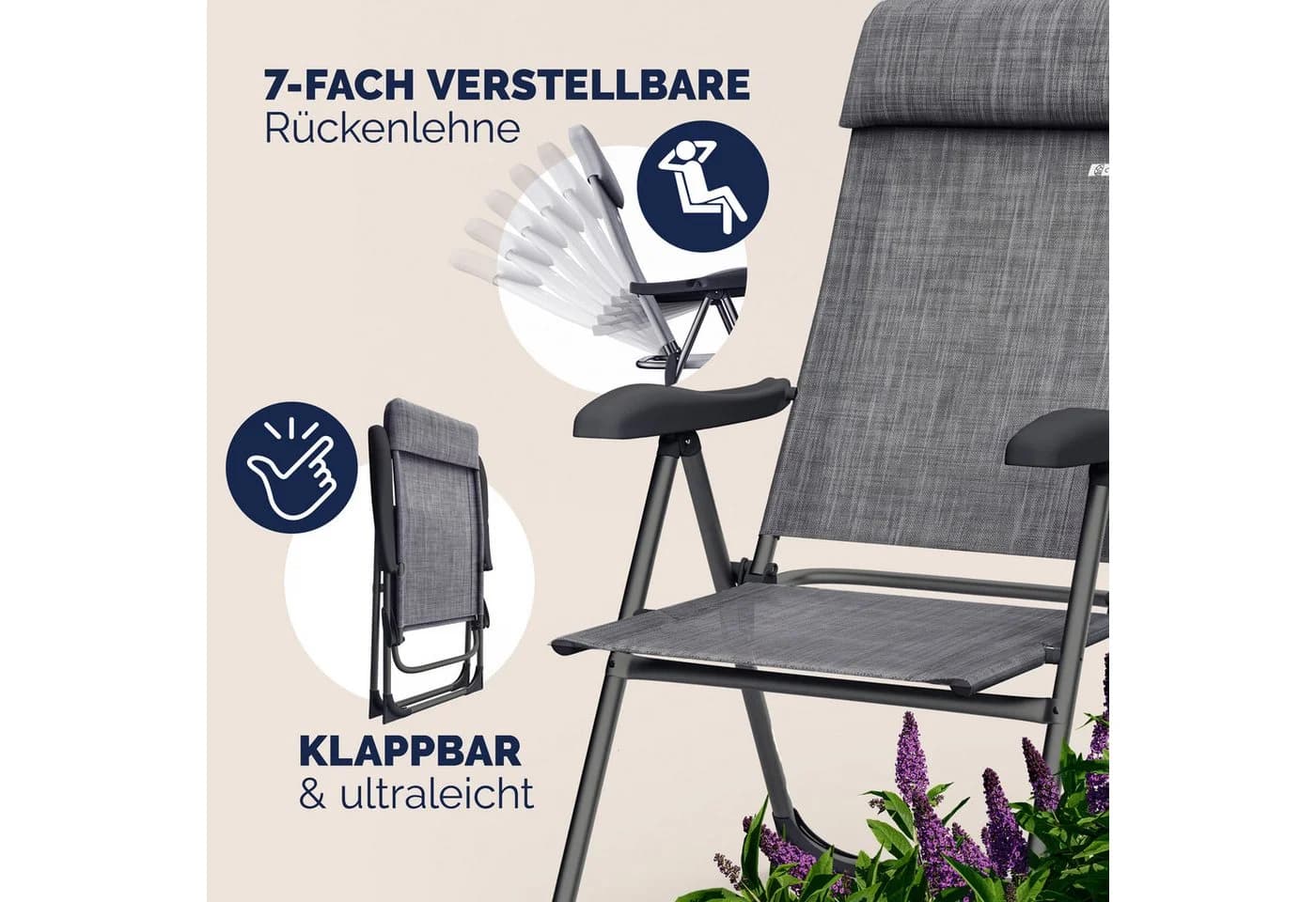 Casaria Gartenstuhl 4er Set Klappbar 7-fach Verstellbar Grau - Bild 4