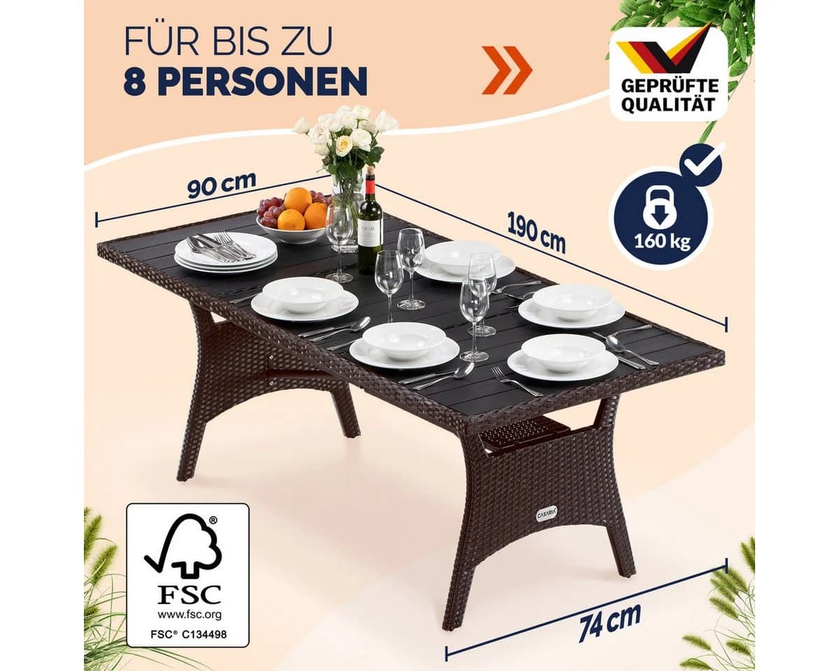 Casaria Gartentisch Wetterfest WPC Polyrattan mit Ablage