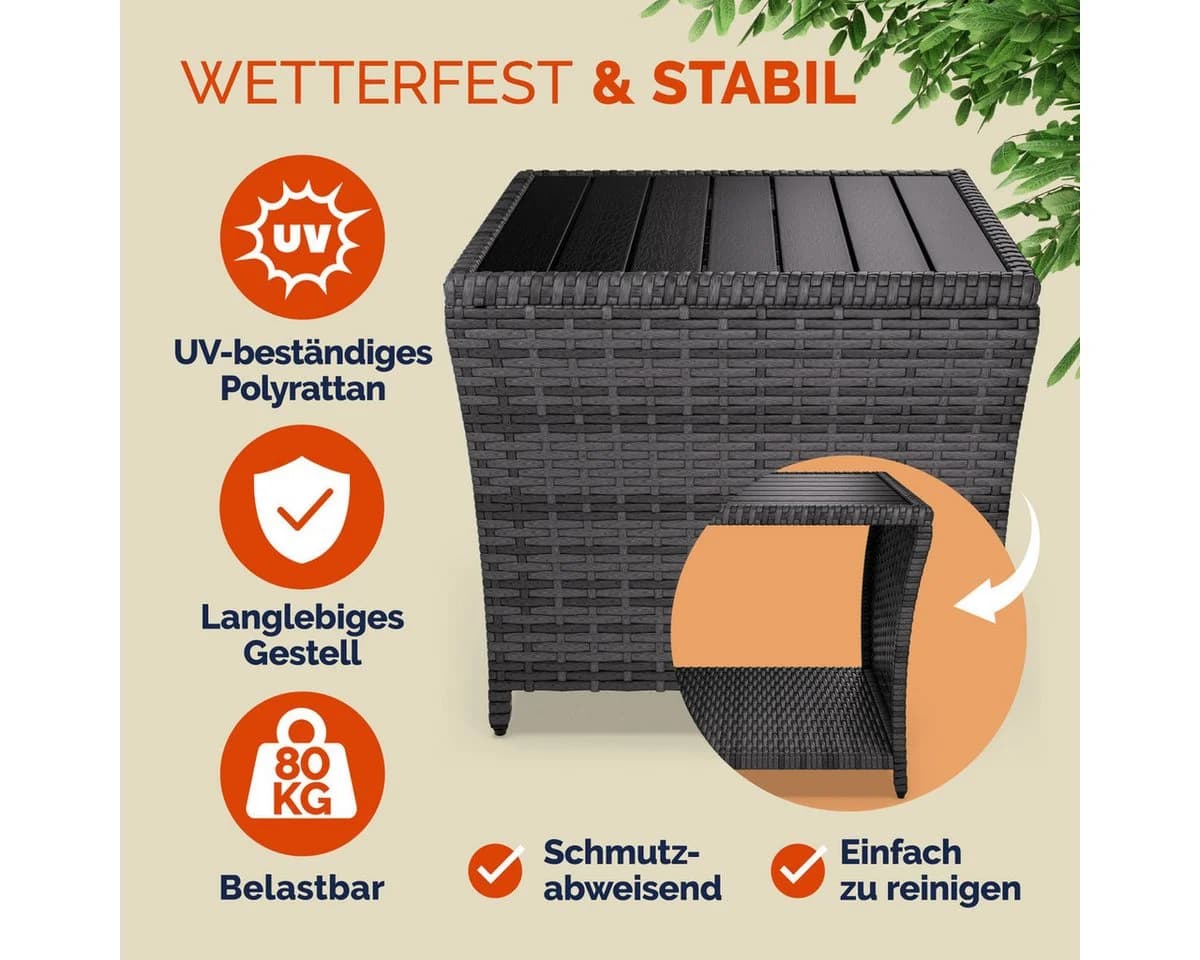 Casaria Beistelltisch Grau Wetterfest Polyrattan WPC Outdoor