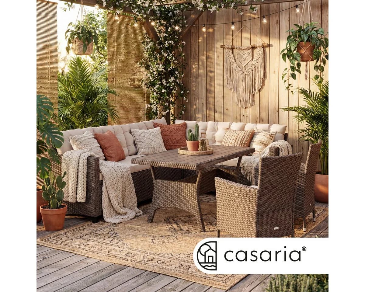 Casaria Gartenlounge-Set Lissabon 17-tlg. Beige/Grau Schwarz Polyrattan