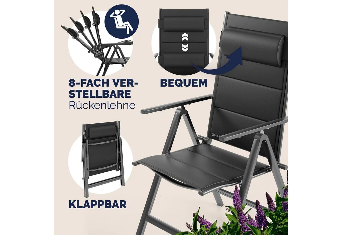 Casaria Gartenstuhl Bern Premium 4er Set Anthrazit 8-fach Verstellbar Gepolstert - Bild 3