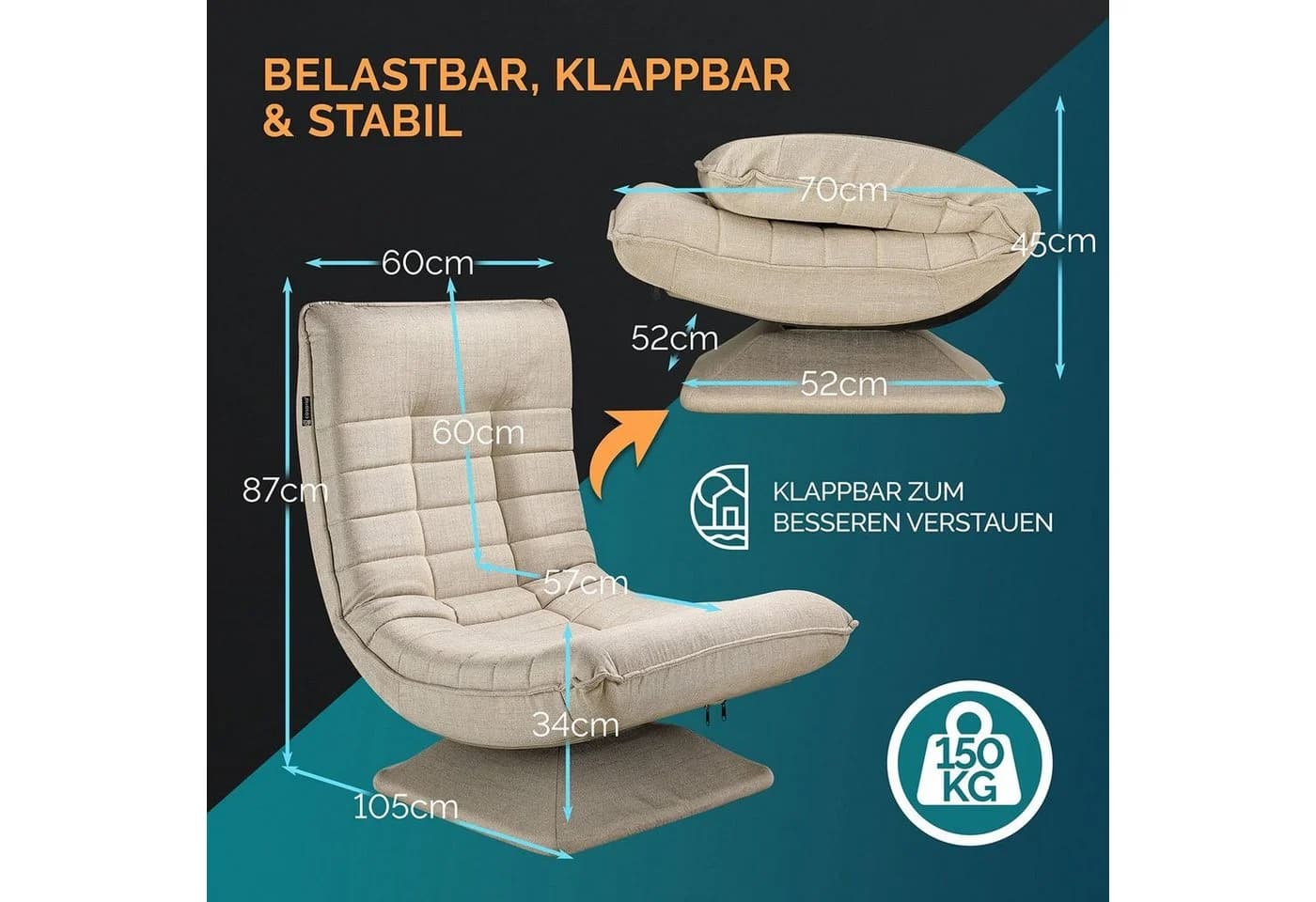 Casaria Relaxsessel Aberdeen Beige 5-fach verstellbar drehbar klappbar - Bild 5