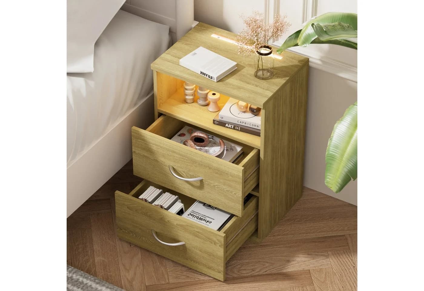 Casaria Nachttisch Jamie mit Touch LED Beleuchtung Braun