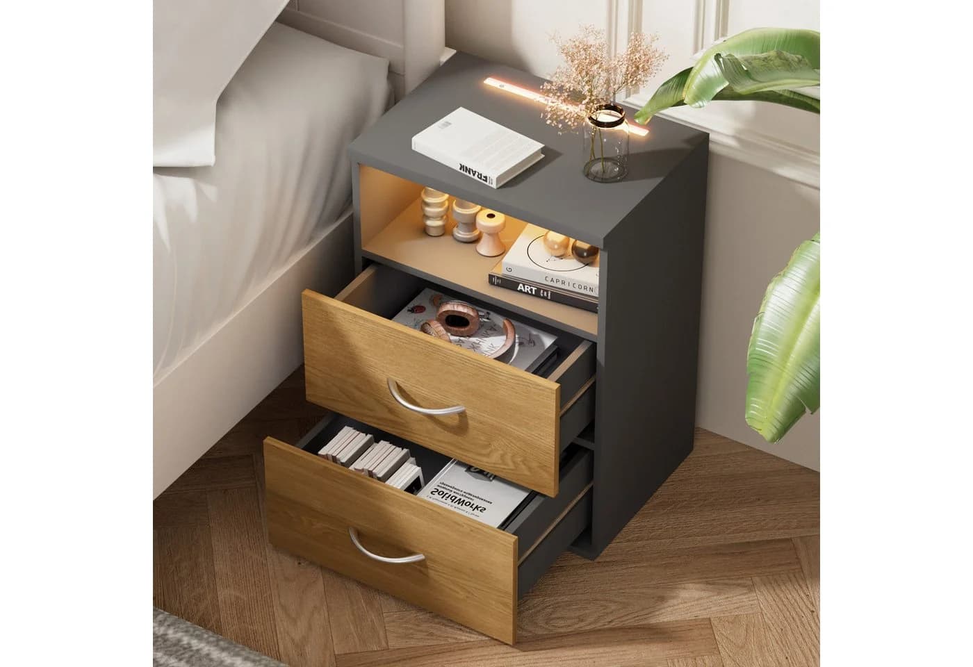 Casaria Nachttisch Jamie mit LED-Beleuchtung Grau