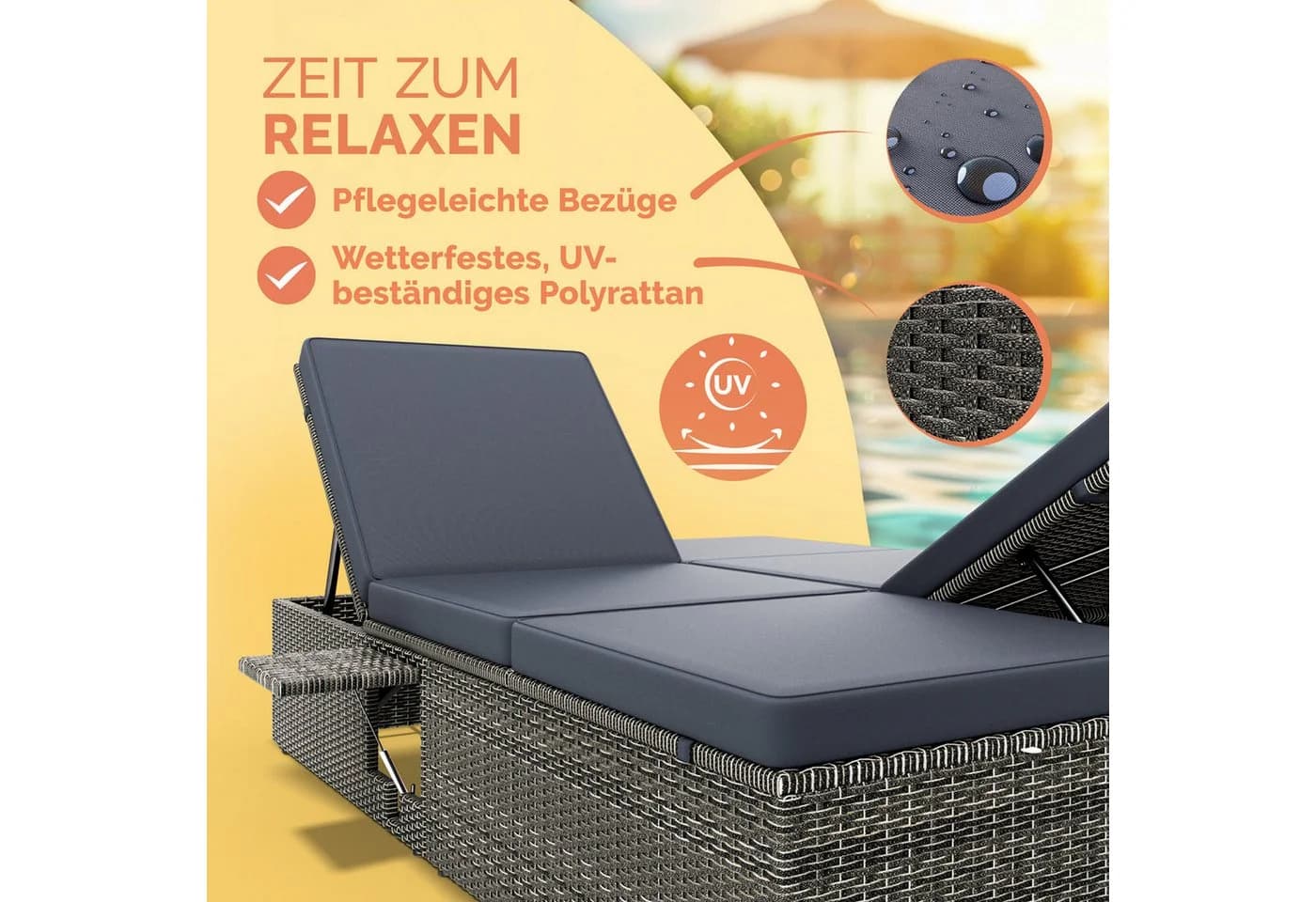 Casaria Gartenliege Doppelliege Klapptisch Wetterfest 7-fach Höhenverstellbar Liegestuhl