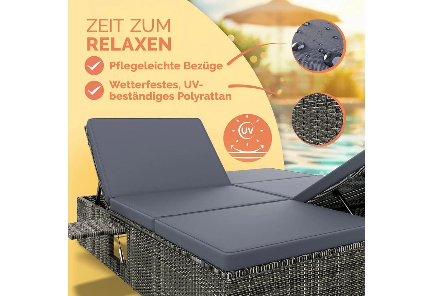 Casaria Gartenliege Doppelliege Grau Schwarz Wetterfest