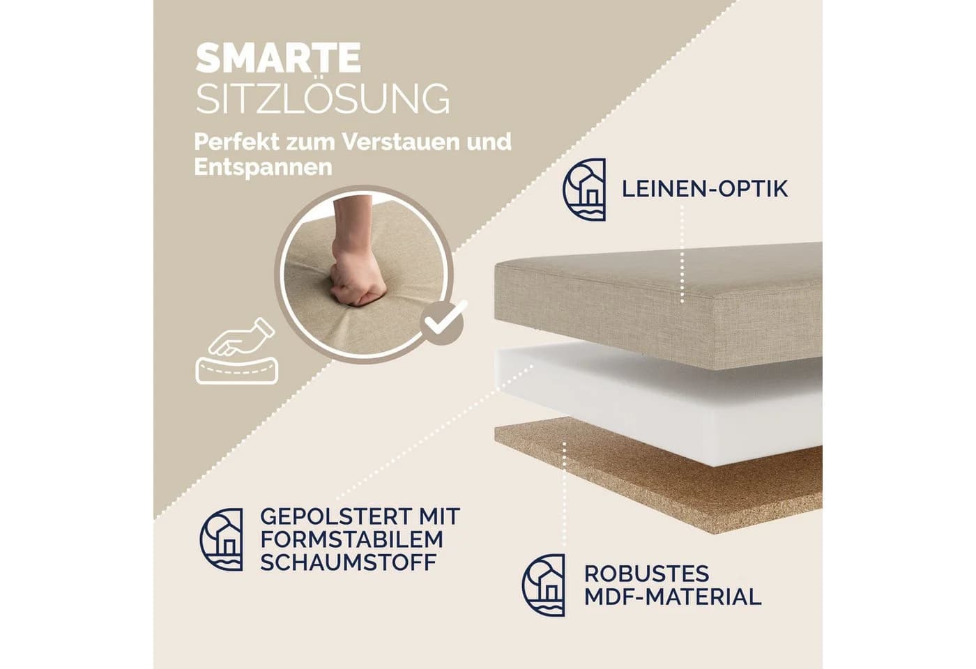 Casaria Sitzbank mit Stauraum Beige Faltbar Gepolstert - Bild 4
