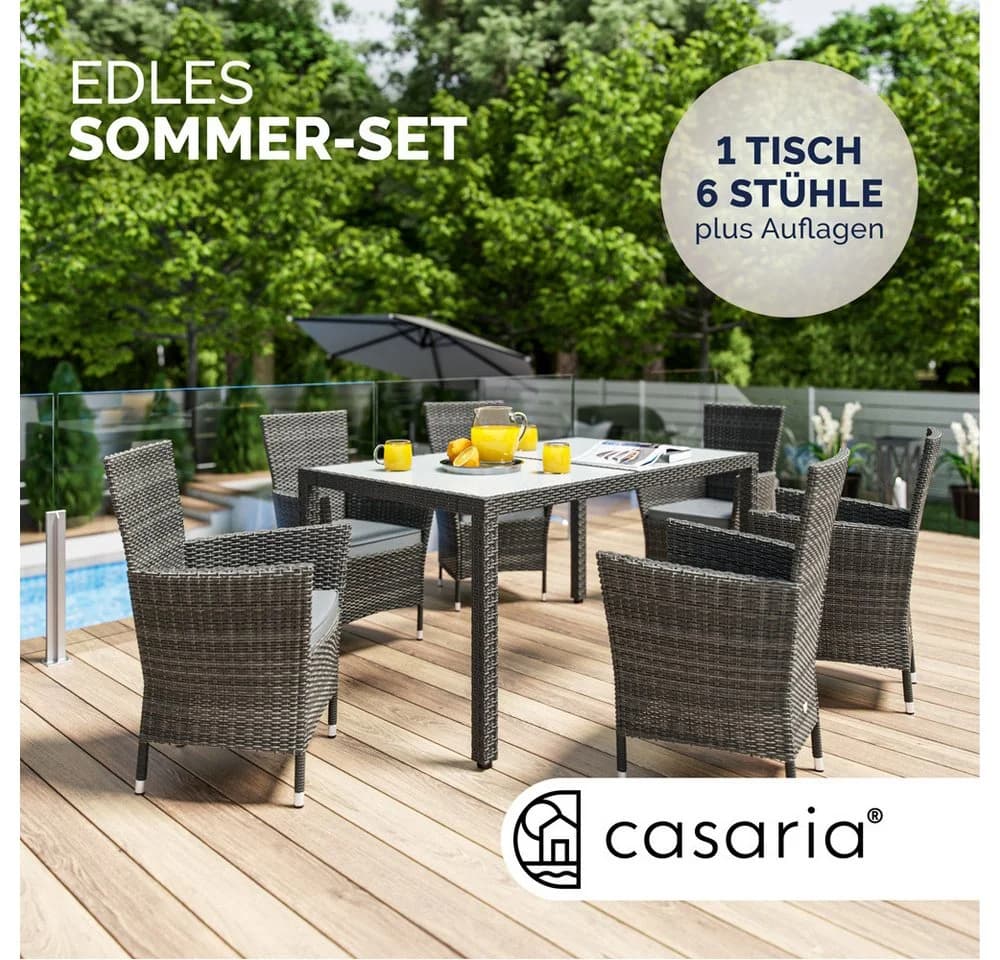 Casaria Garten-Essgruppe 7-tlg. Grau Polyrattan mit Polstern