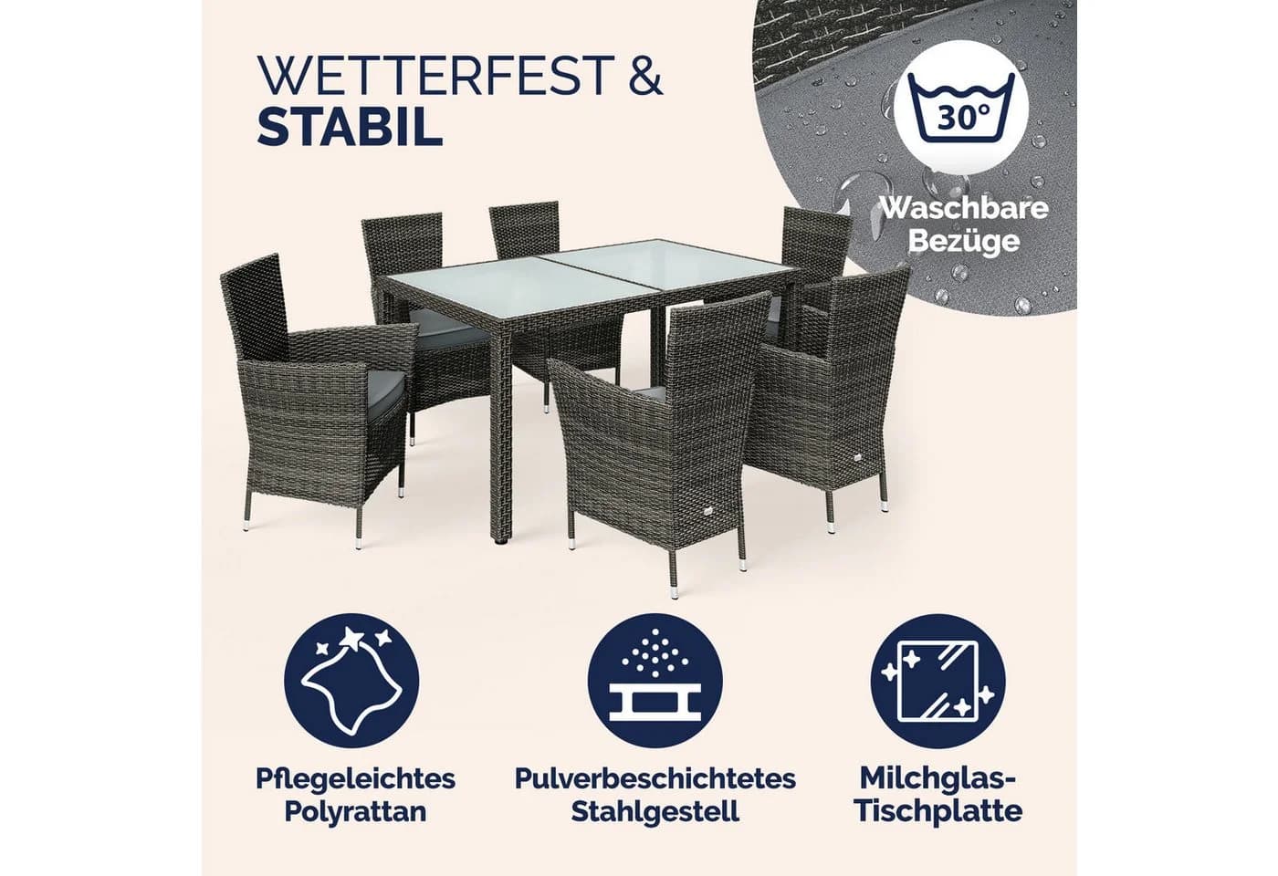 Casaria Garten-Essgruppe 7-tlg. Grau Polyrattan mit Polstern - Bild 3