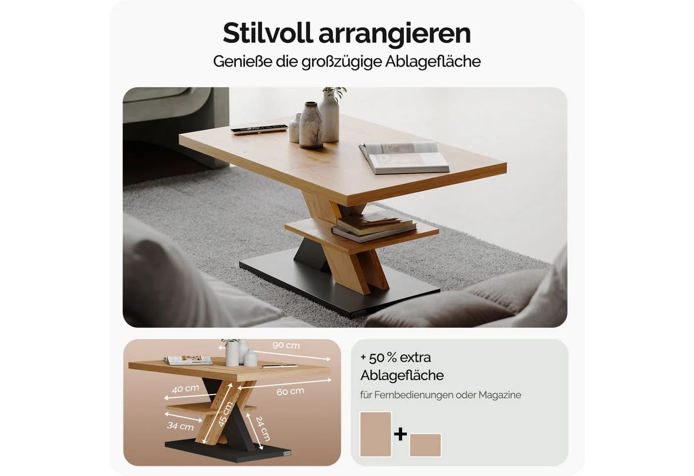 Casaria Couchtisch Detroit Modern Grau mit 2 Ablagen - Bild 3