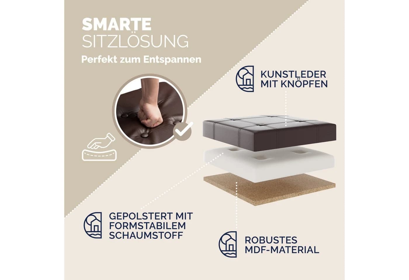 Casaria Sitzhocker Braun Kunstleder Gepolstert 38x38x38cm - Bild 4