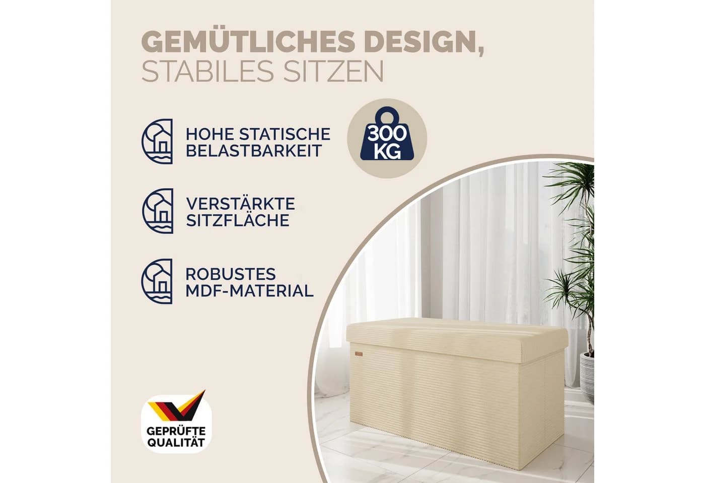 Casaria Sitzbank Cord Beige Faltbar mit Stauraum - Bild 3