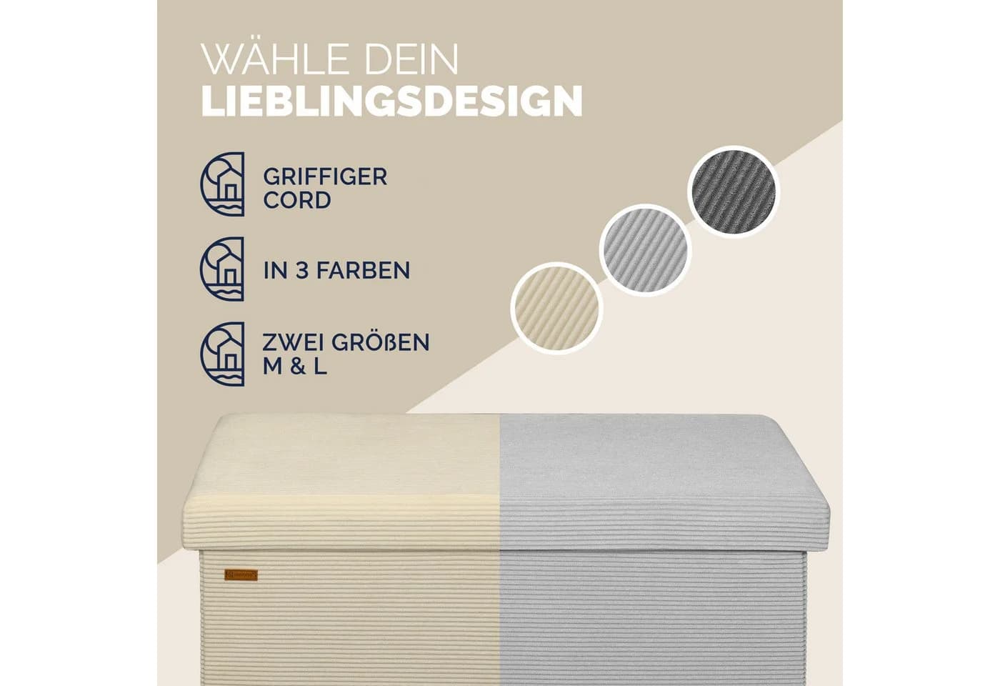 Casaria Sitzbank Cord Beige Faltbar mit Stauraum - Bild 4