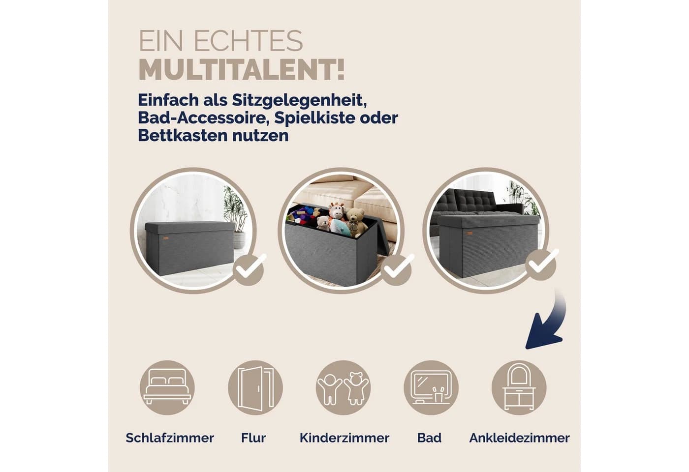 Casaria Sitzbank Cord Anthrazit Faltbar mit Stauraum - Bild 5