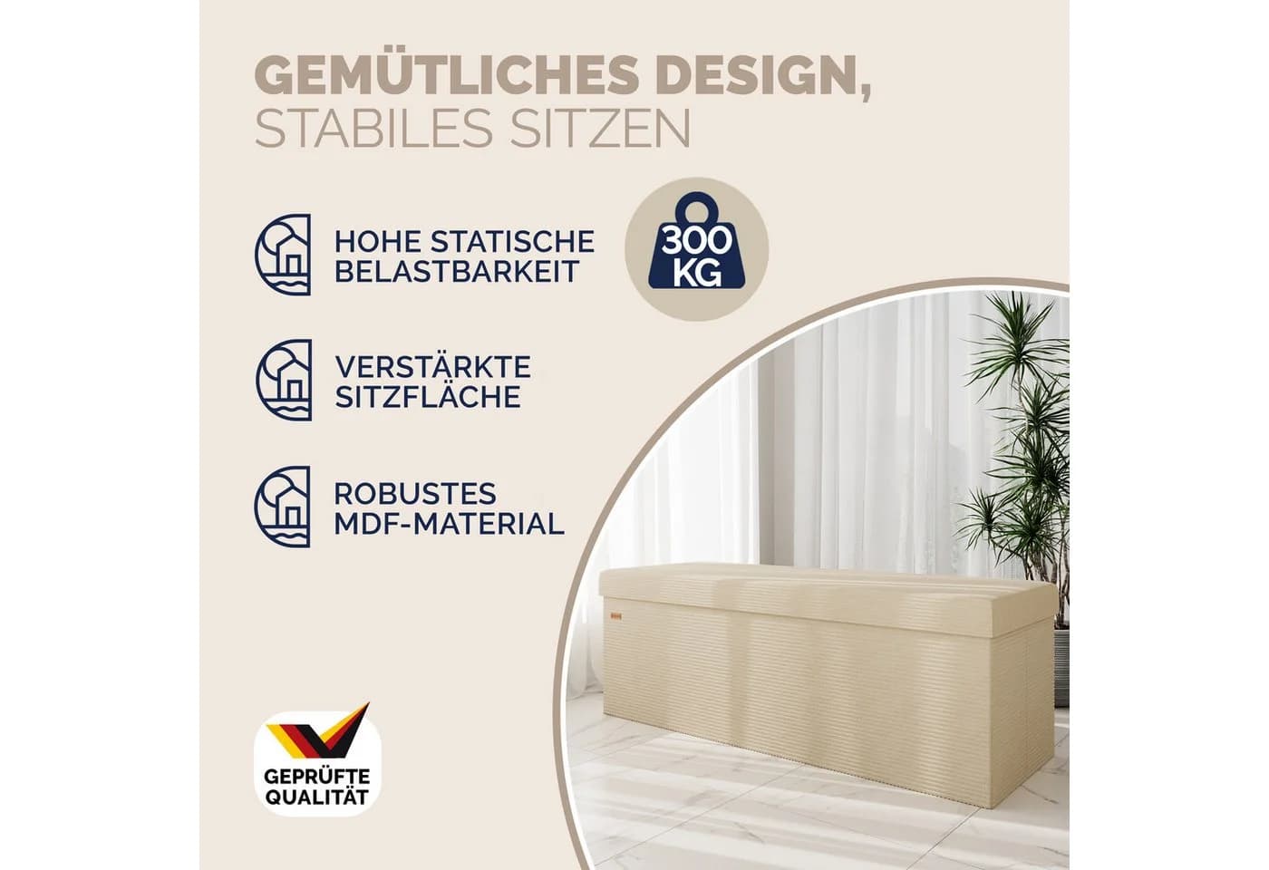 Casaria Sitzbank Cord Beige Faltbar inkl. Boxen 114x38cm 300kg Belastbarkeit Wohnzimmer - Bild 3
