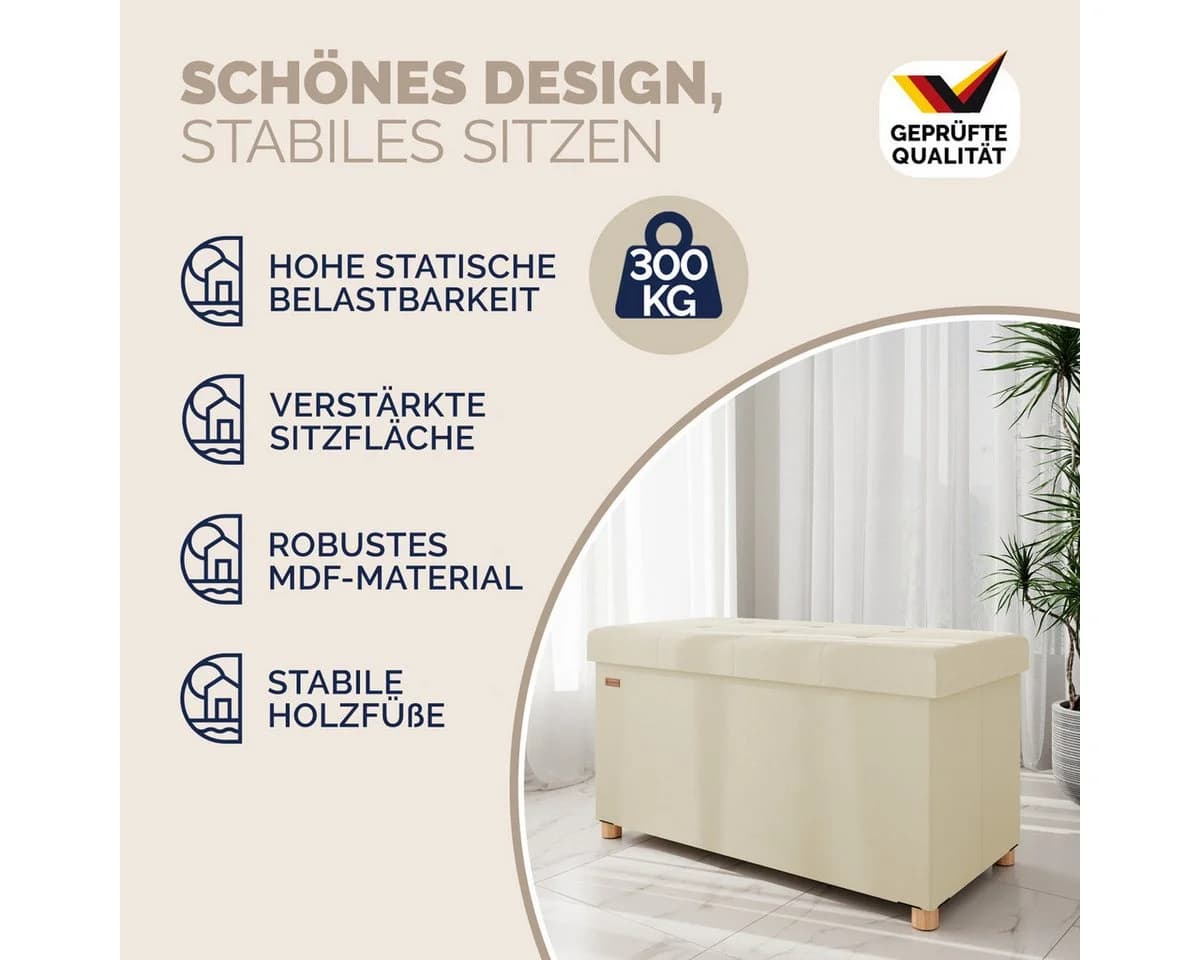 Casaria Sitzbank Samt Beige Faltbar mit Holzfüßen - Bild 3