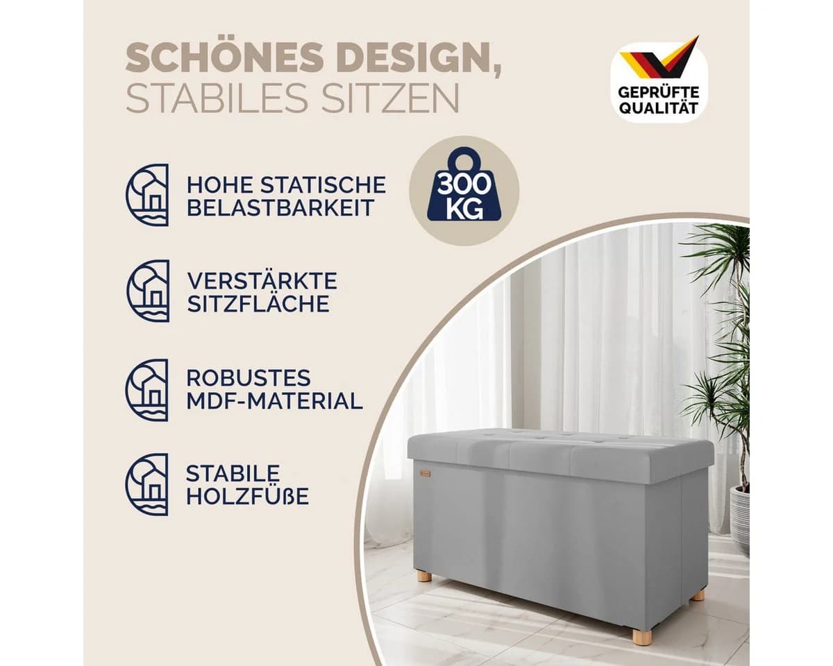 Casaria Samt Sitzbank Grau Faltbar mit Holzfüßen - Bild 3