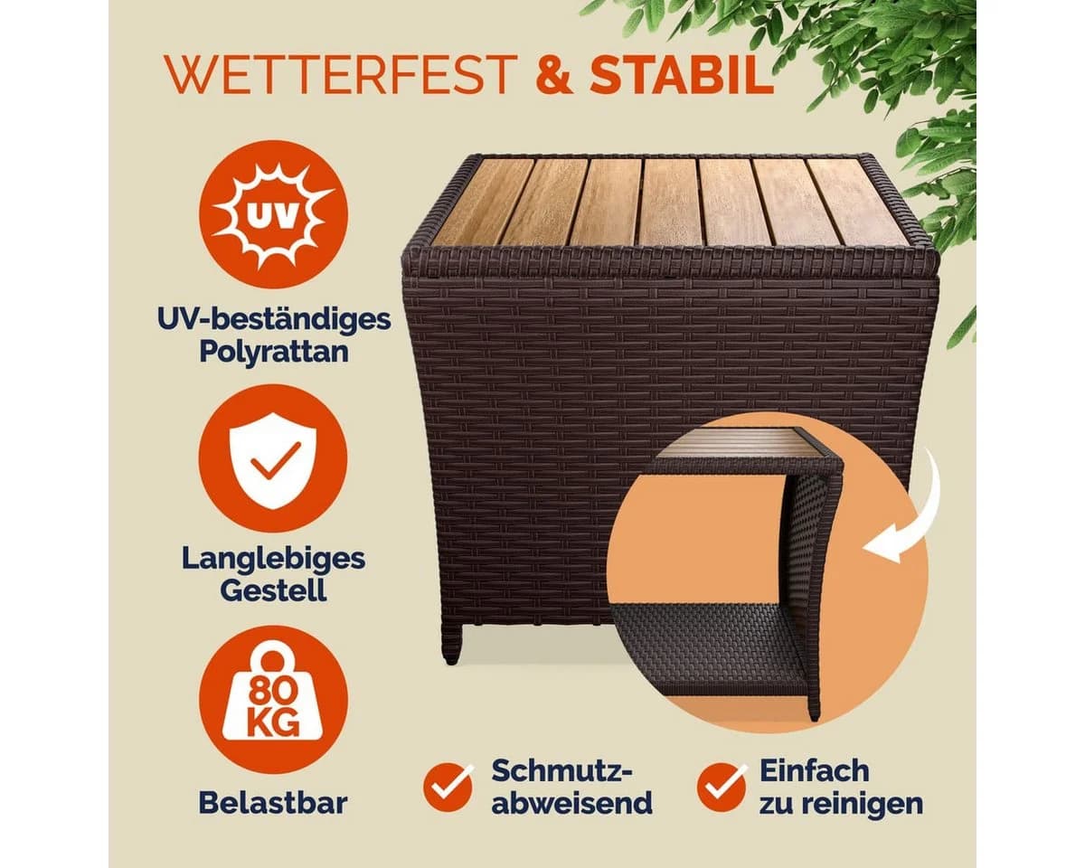 Casaria Beistelltisch Polyrattan Akazienholz 45x45x40cm Wetterfest