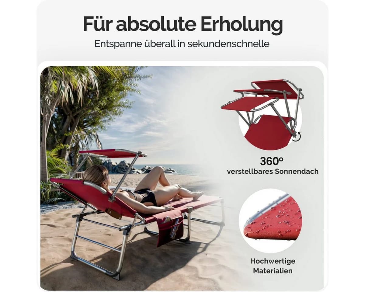 Casaria Gartenliege Ibiza 2er Set mit Dach klappbar Rot - Bild 4
