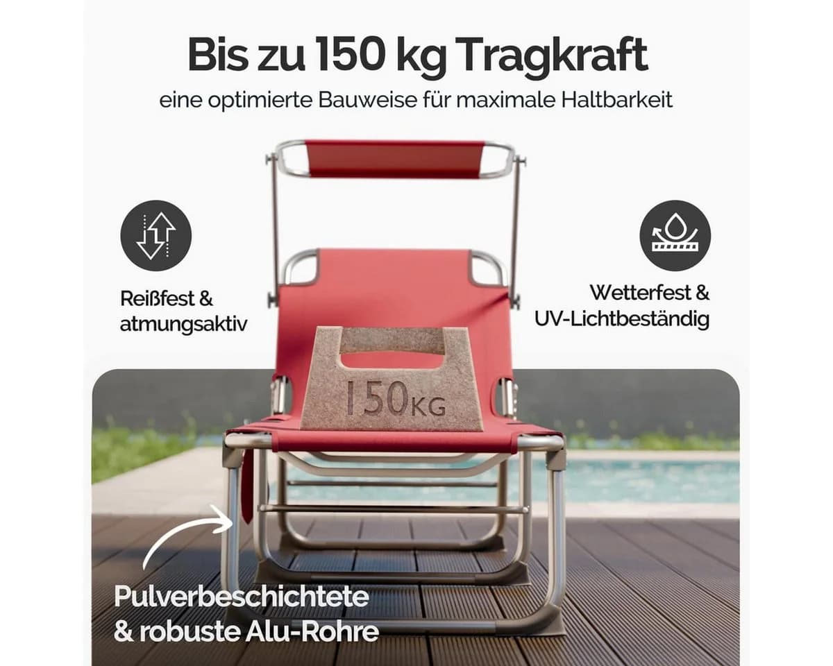 Casaria Gartenliege Ibiza 2er Set mit Dach klappbar Rot - Bild 5
