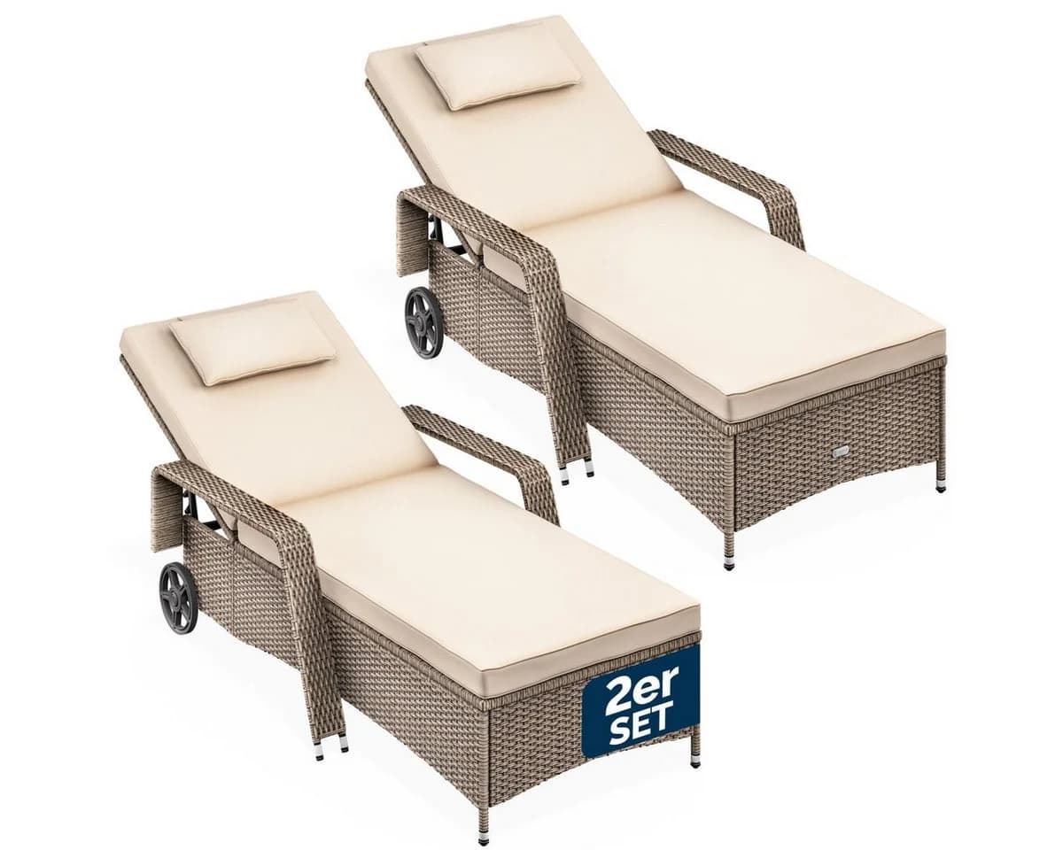 Casaria Gartenliege 2er Set Polyrattan mit Rollen & verstellbarer Lehne - Bild 2