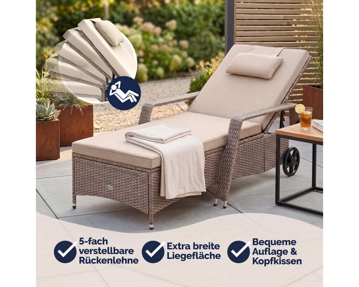 Casaria Gartenliege 2er Set Polyrattan mit Rollen & verstellbarer Lehne - Bild 3