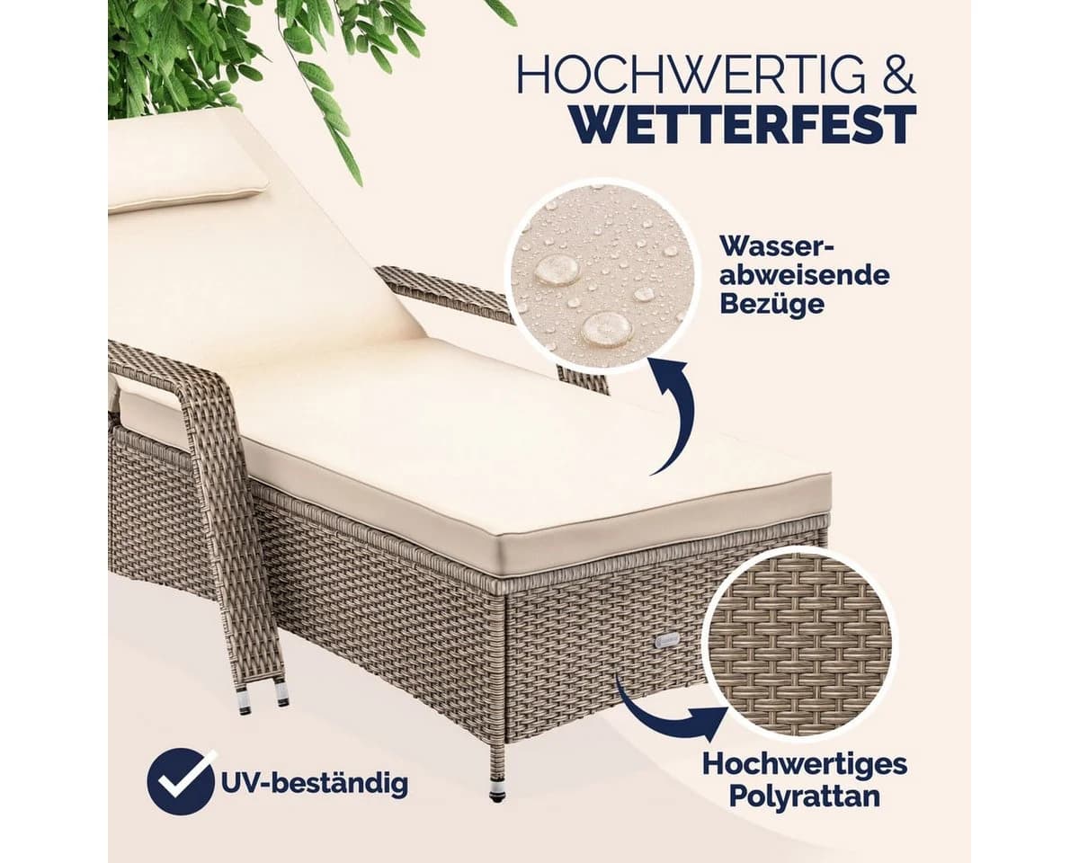 Casaria Gartenliege 2er Set Polyrattan mit Rollen & verstellbarer Lehne - Bild 5