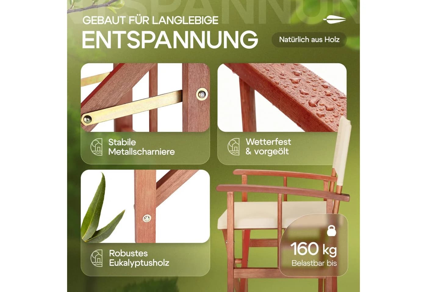 Casaria Regiestuhl Klappbar FSC® Eukalyptusholz Beige - Bild 3