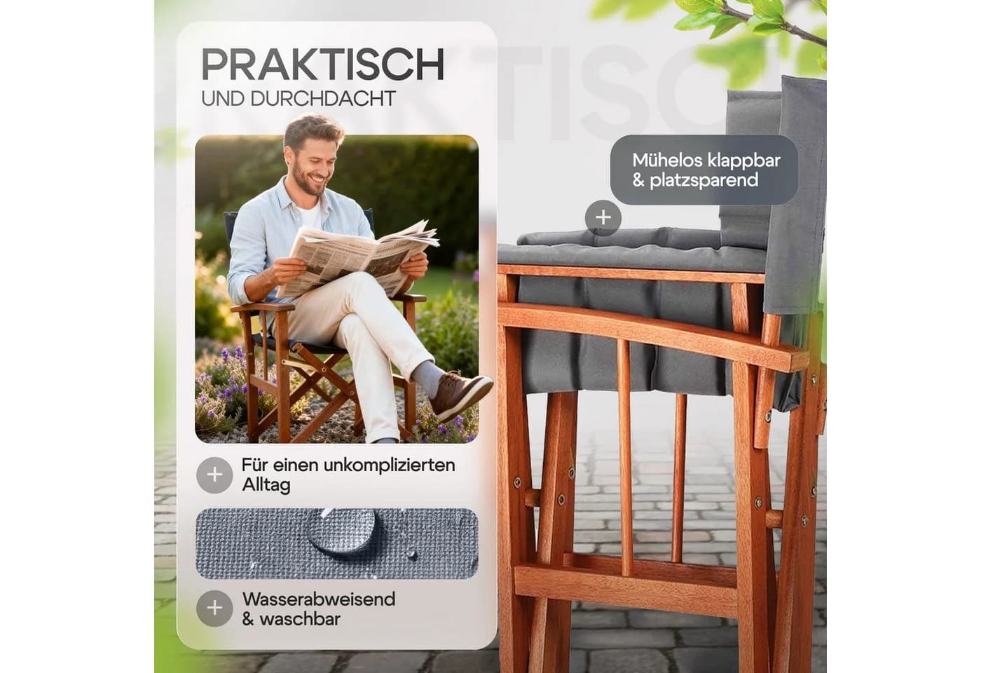 Casaria Regiestuhl Klappbar Gepolstert FSC® Eukalyptusholz Grau - Bild 4